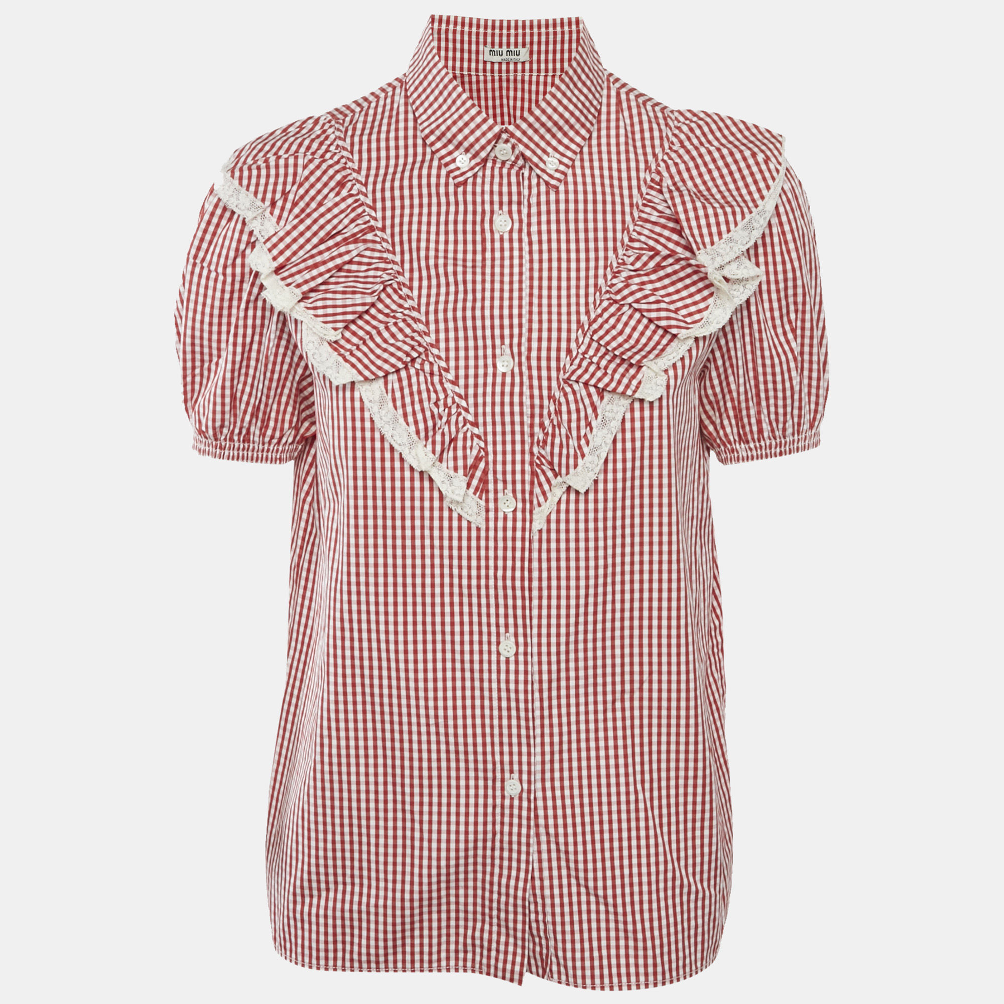 Miu Miu Red/White Cotton Gingham Ruffled Button Front Blouse M 
Miu Miu Red/White Cotton Gingham Ruffled Button Front Blouse M
