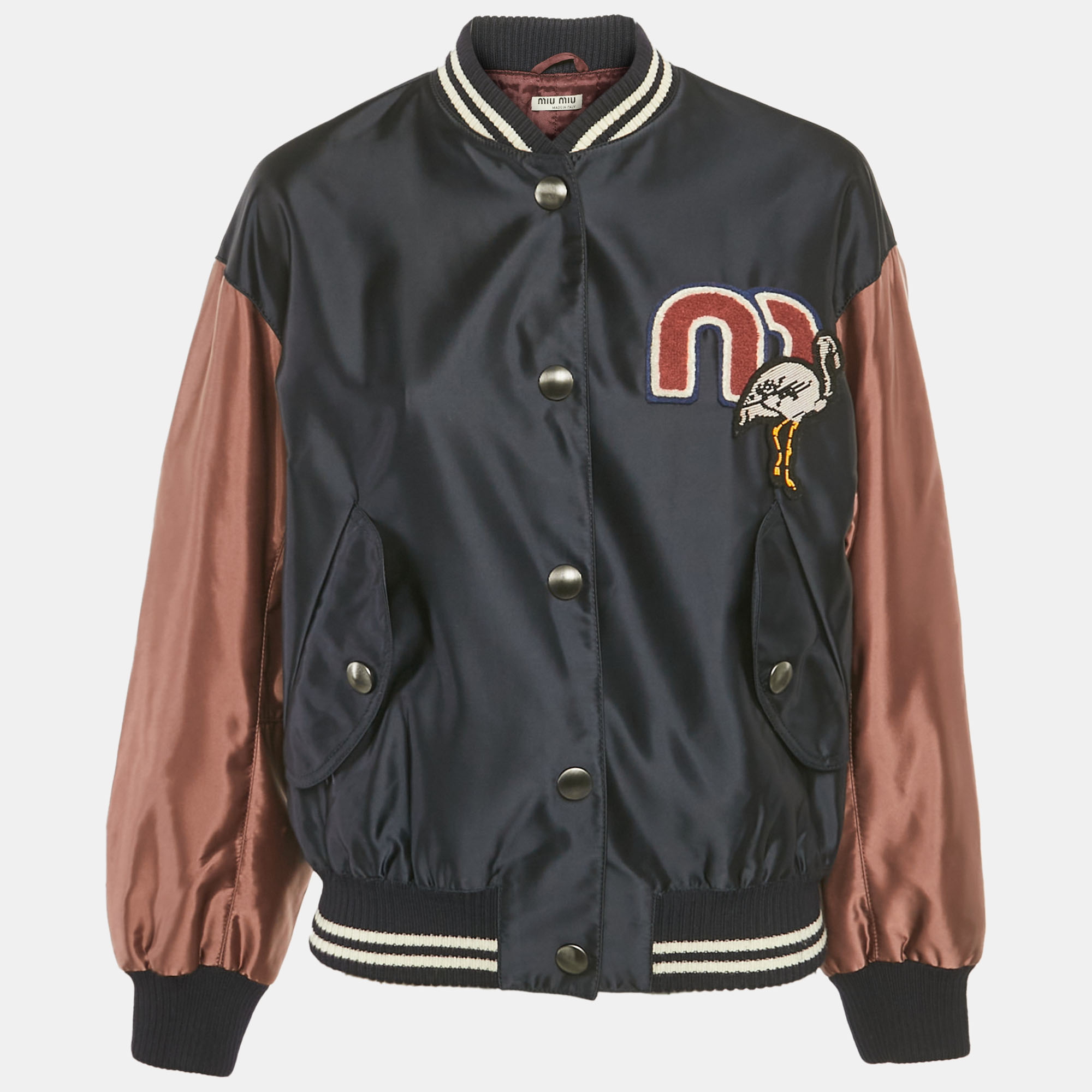 Miu Miu Navy Blue Nylon Applique Detail Button Front Varsity Jacket S - Miu Miu - Modalova