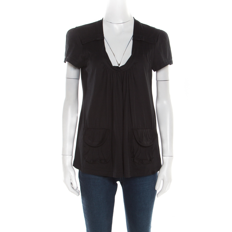 Image of Miu Miu Black Cotton Jersey Patch Pocket Detail Top XS