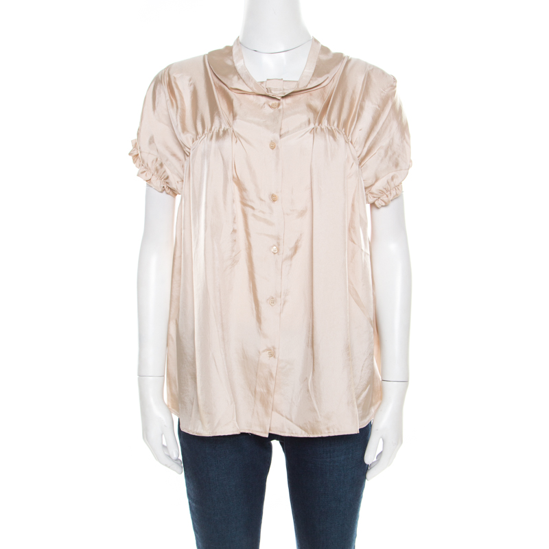 Image of Miu Miu Beige Satin Ruched Bodice Detail Short Sleeve Blouse M