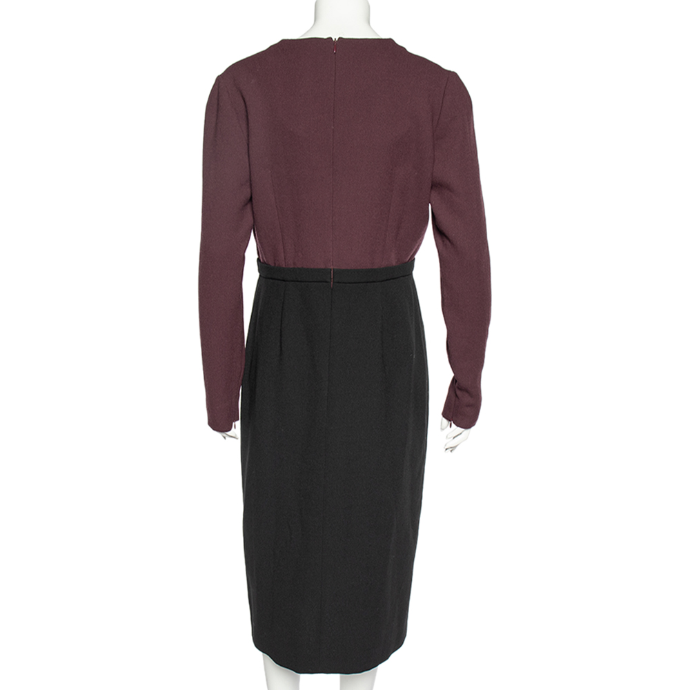 Miu Miu Black-Burgundy Textured Wool Plunge Neck Midi Dress L