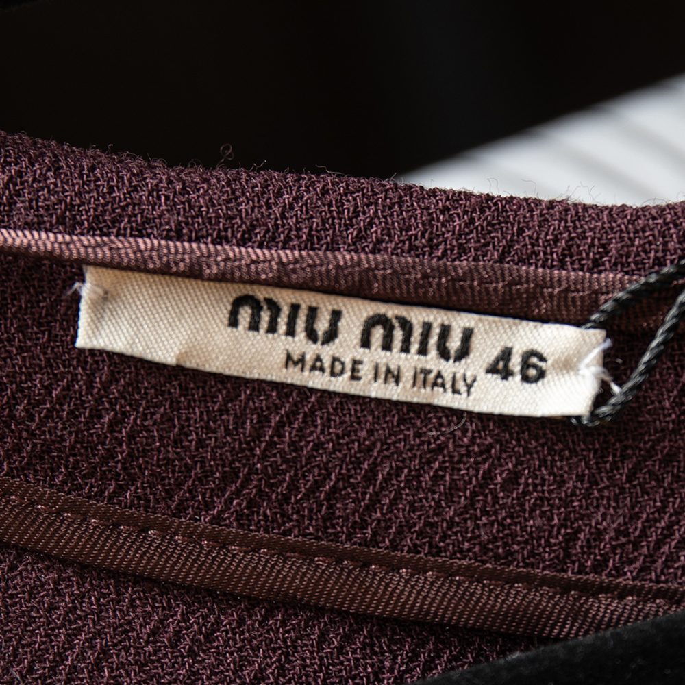 Miu Miu Black-Burgundy Textured Wool Plunge Neck Midi Dress L