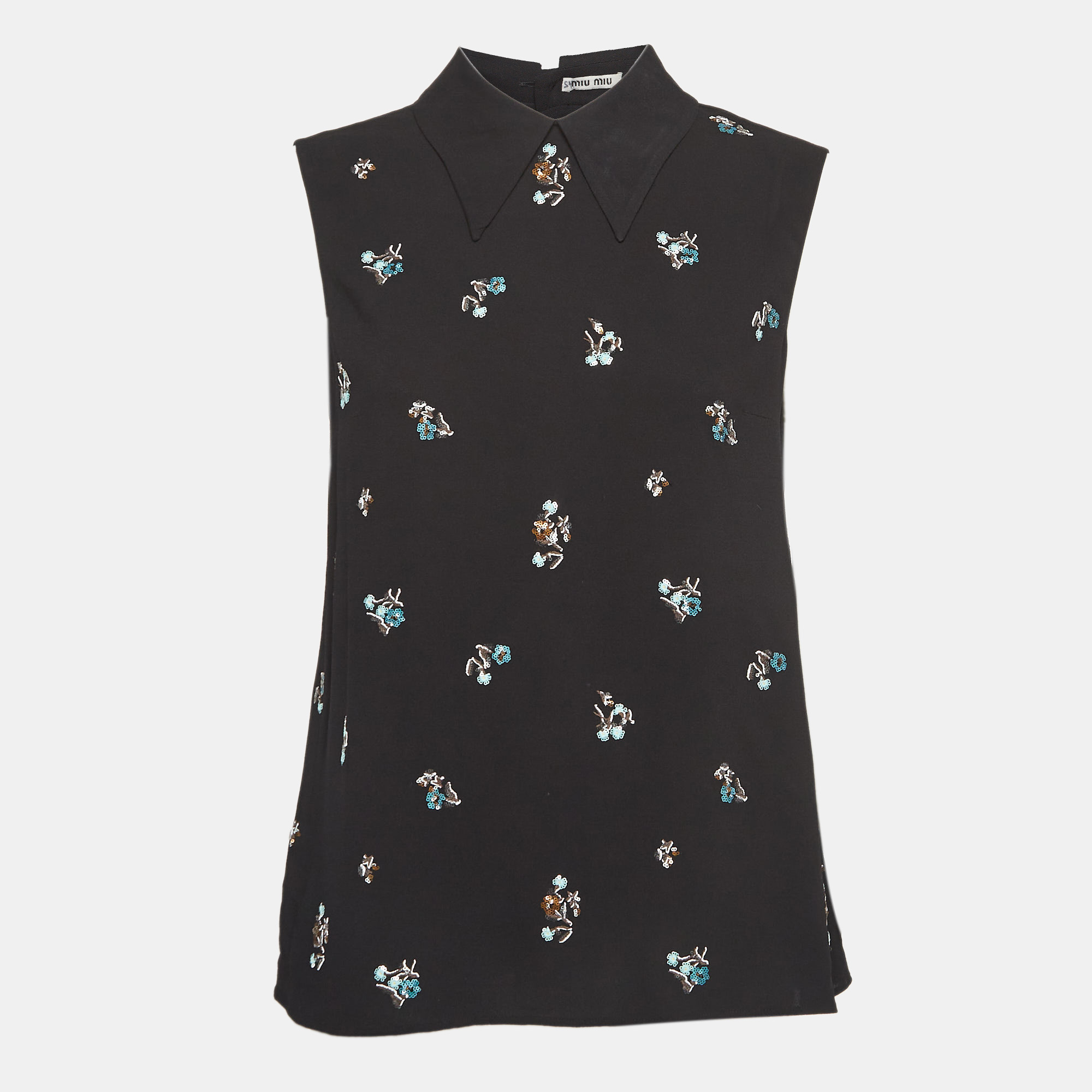 Miu miu black floral embroidered crepe back buttoned top m