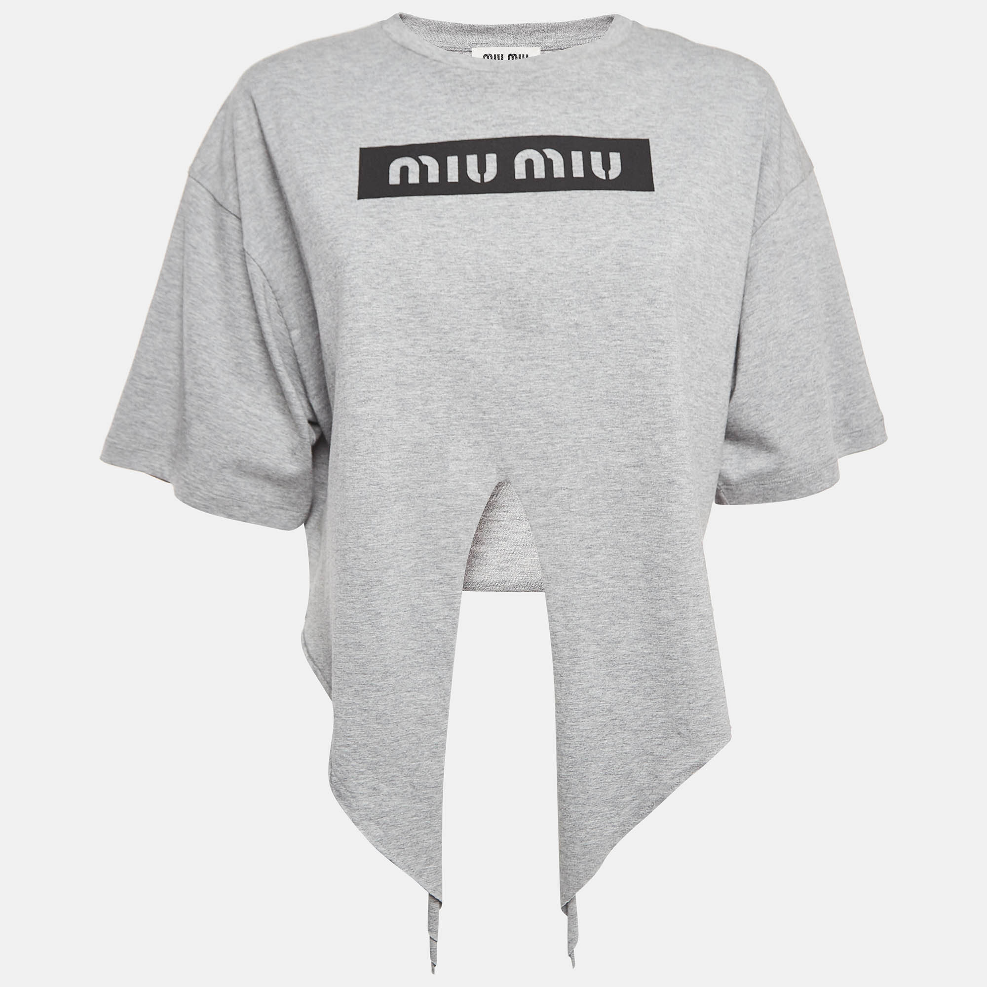 Miu miu grey logo print cotton knotted crop top m