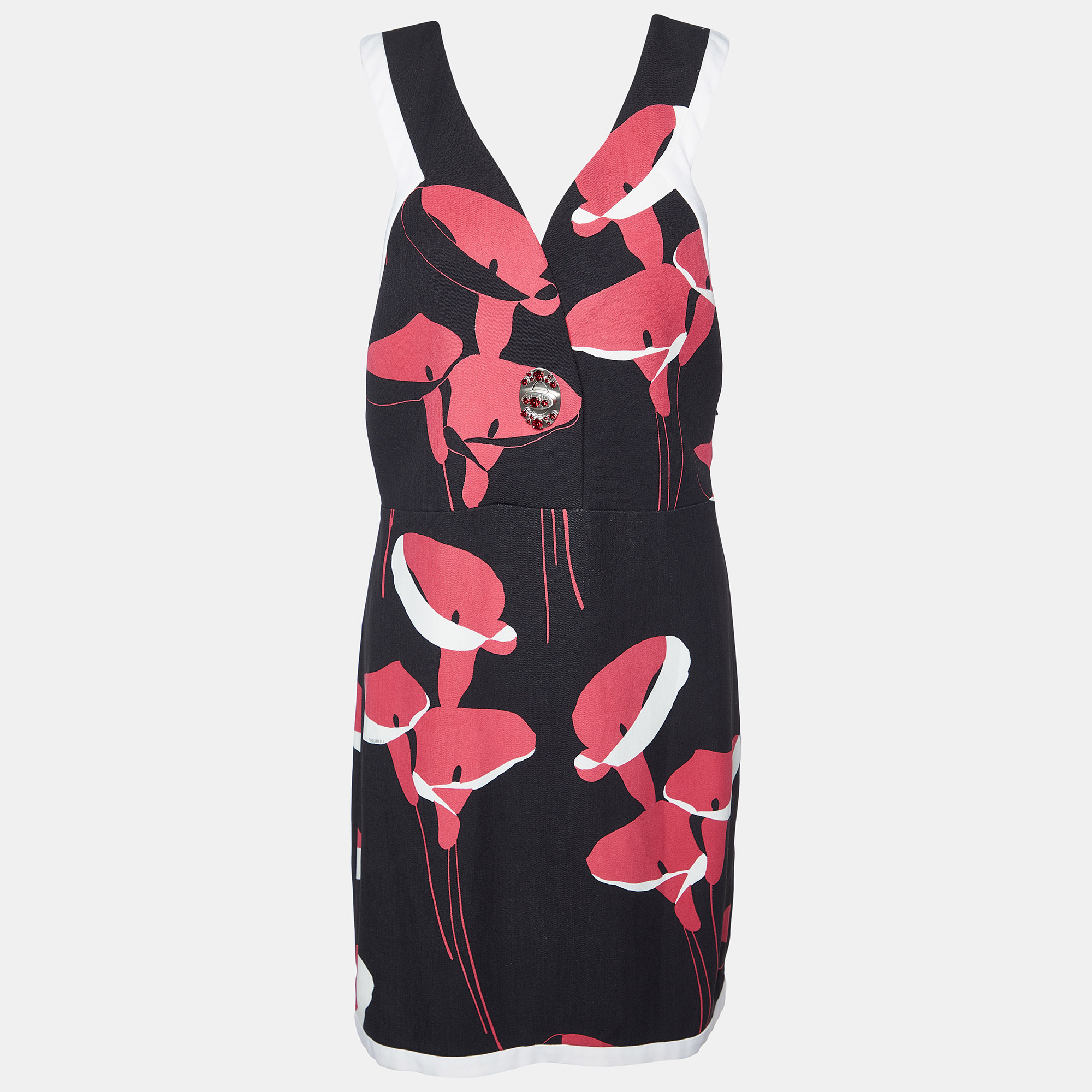 Miu miu black floral print cady turn lock detail sleeveless dress m