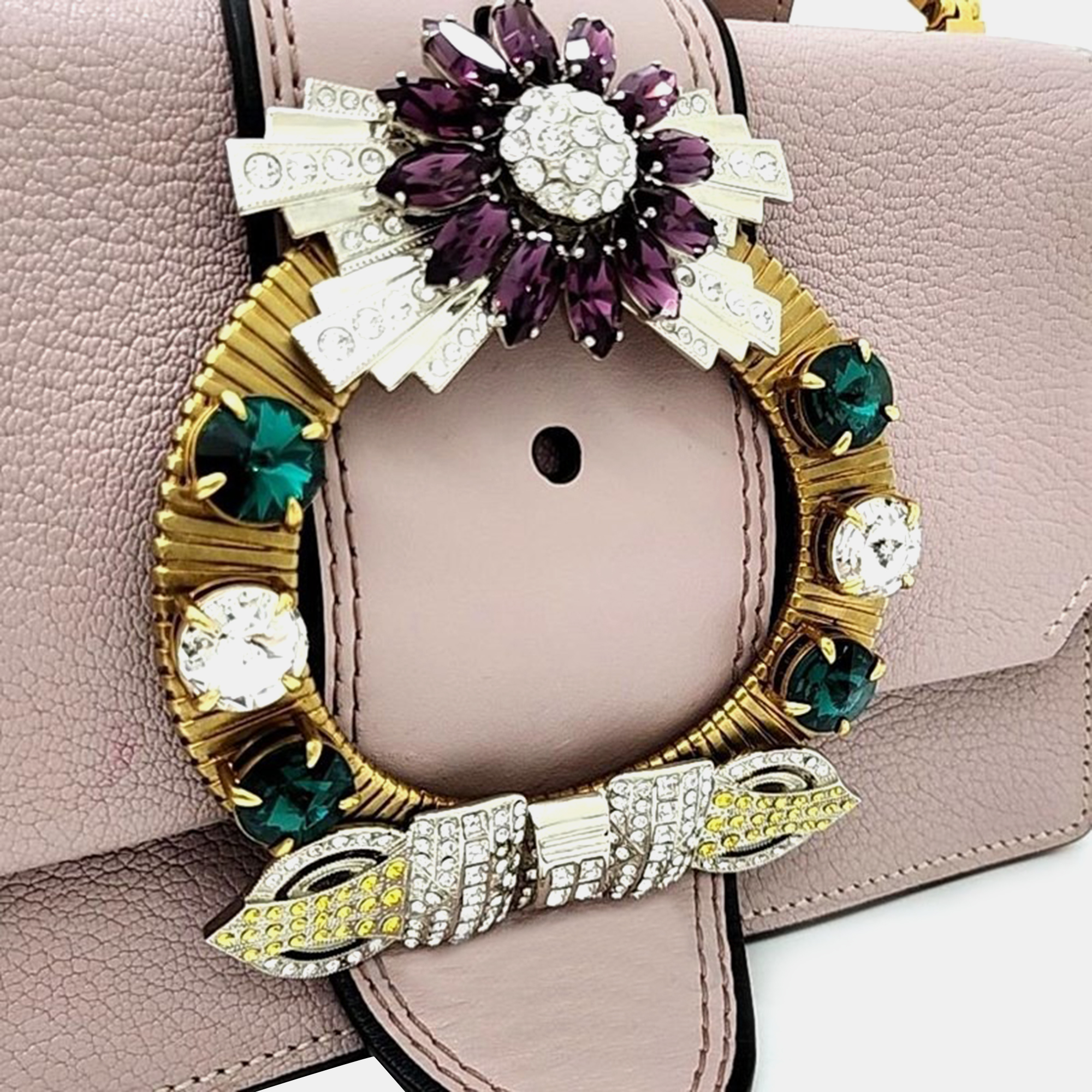 Miu Miu Dusty Pink Madras Leather Crystal Embellished Buckle Flap Shoulder Bag