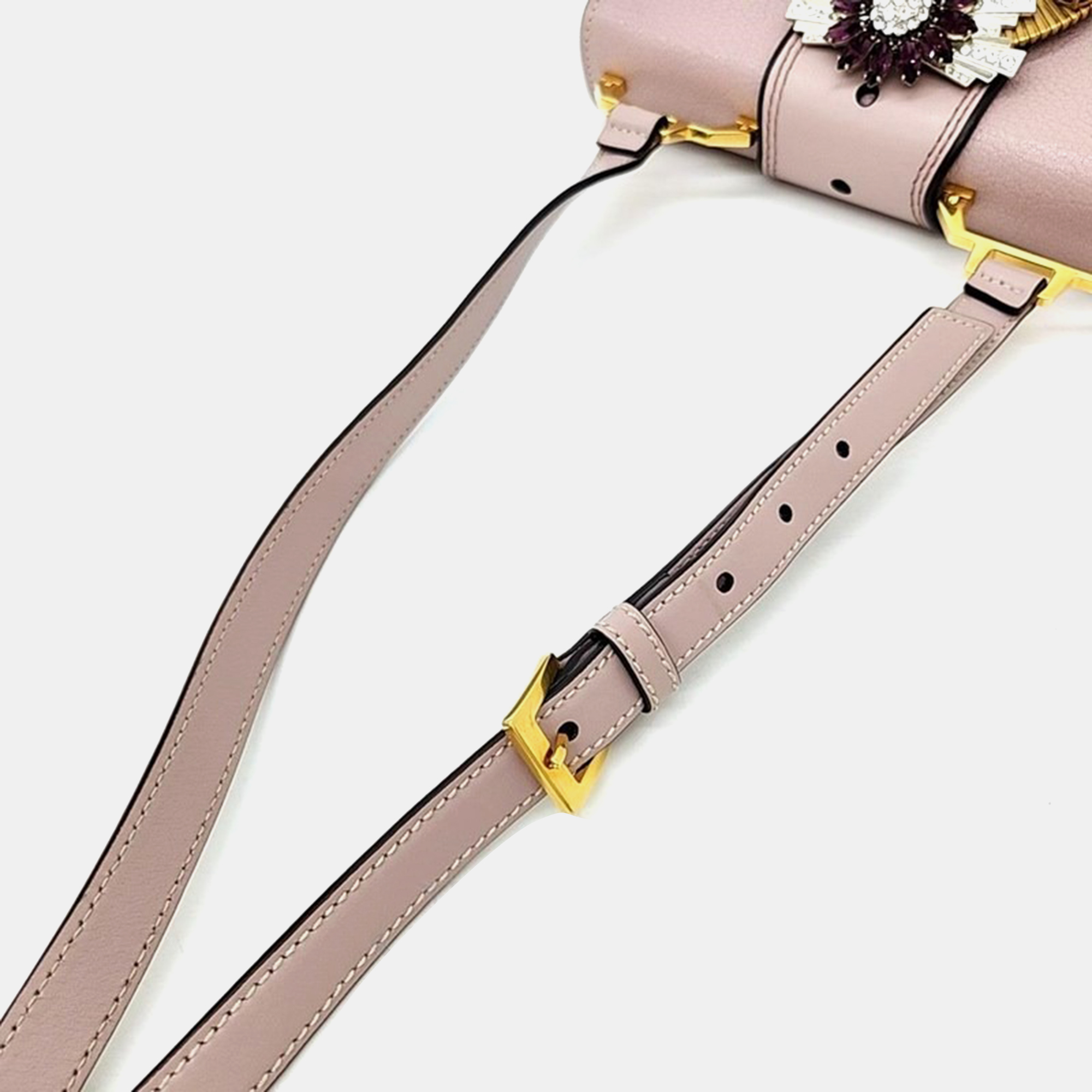 Miu Miu Dusty Pink Madras Leather Crystal Embellished Buckle Flap Shoulder Bag