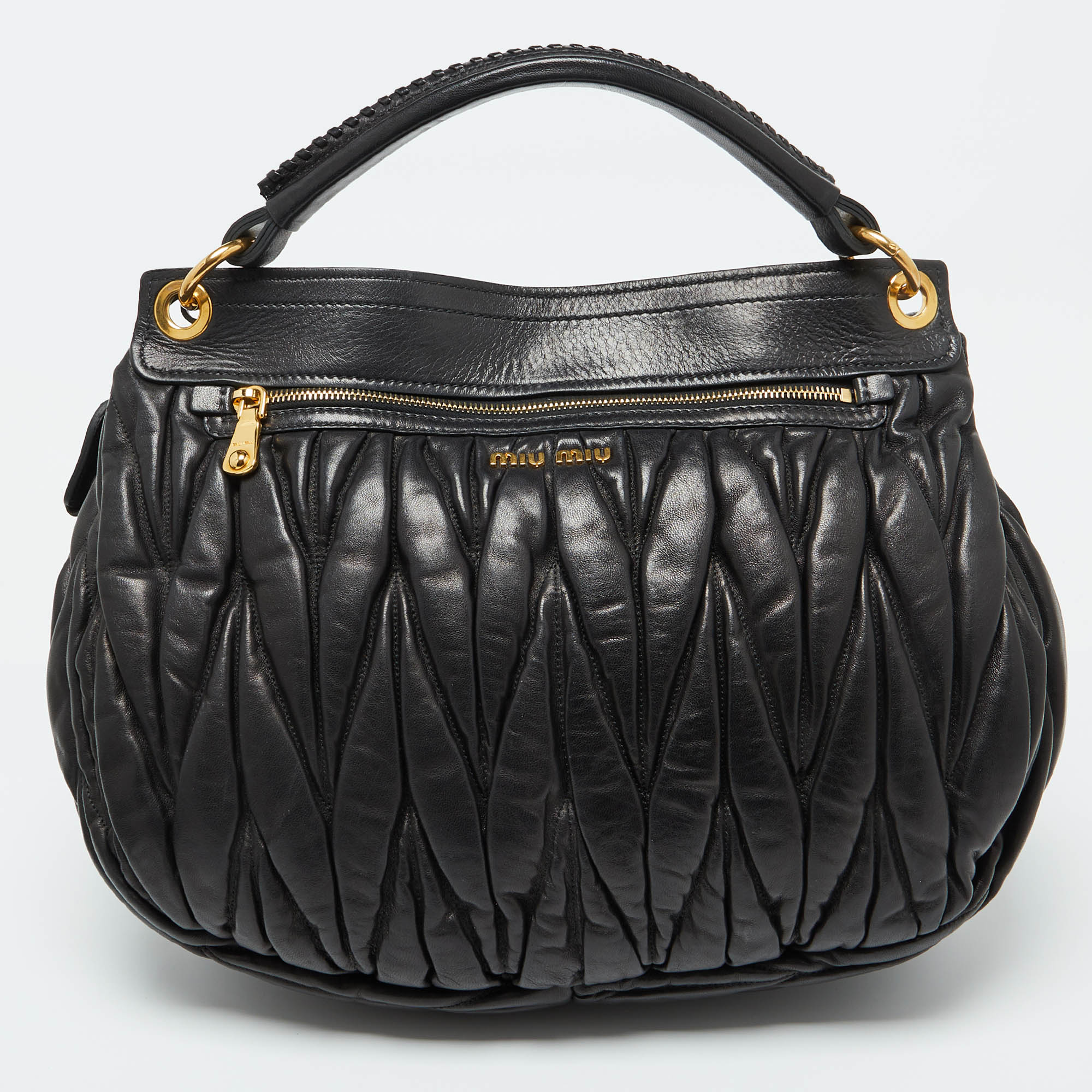 Miu Miu Black Matelassé Leather Front Flap Hobo