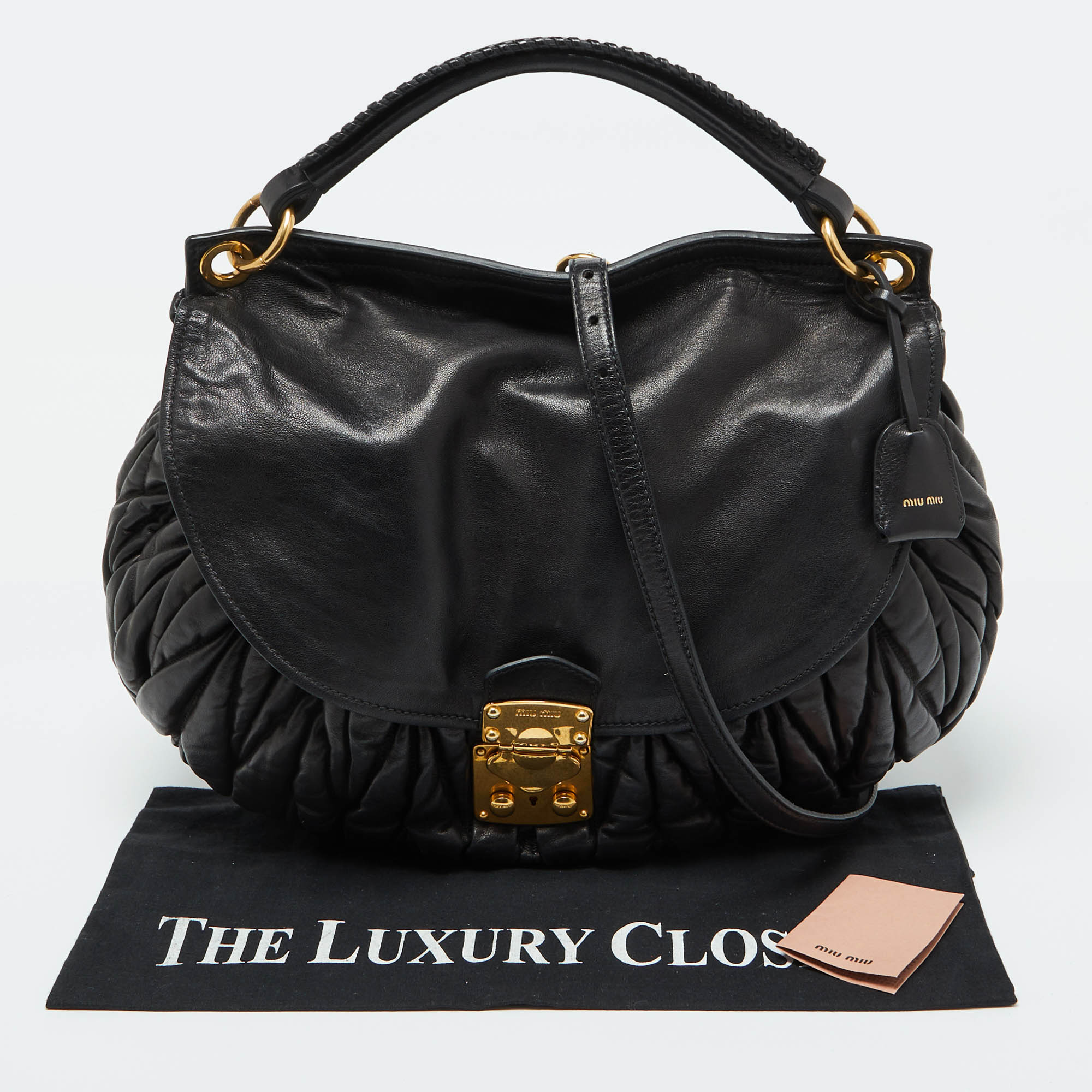 Miu Miu Black Matelassé Leather Front Flap Hobo