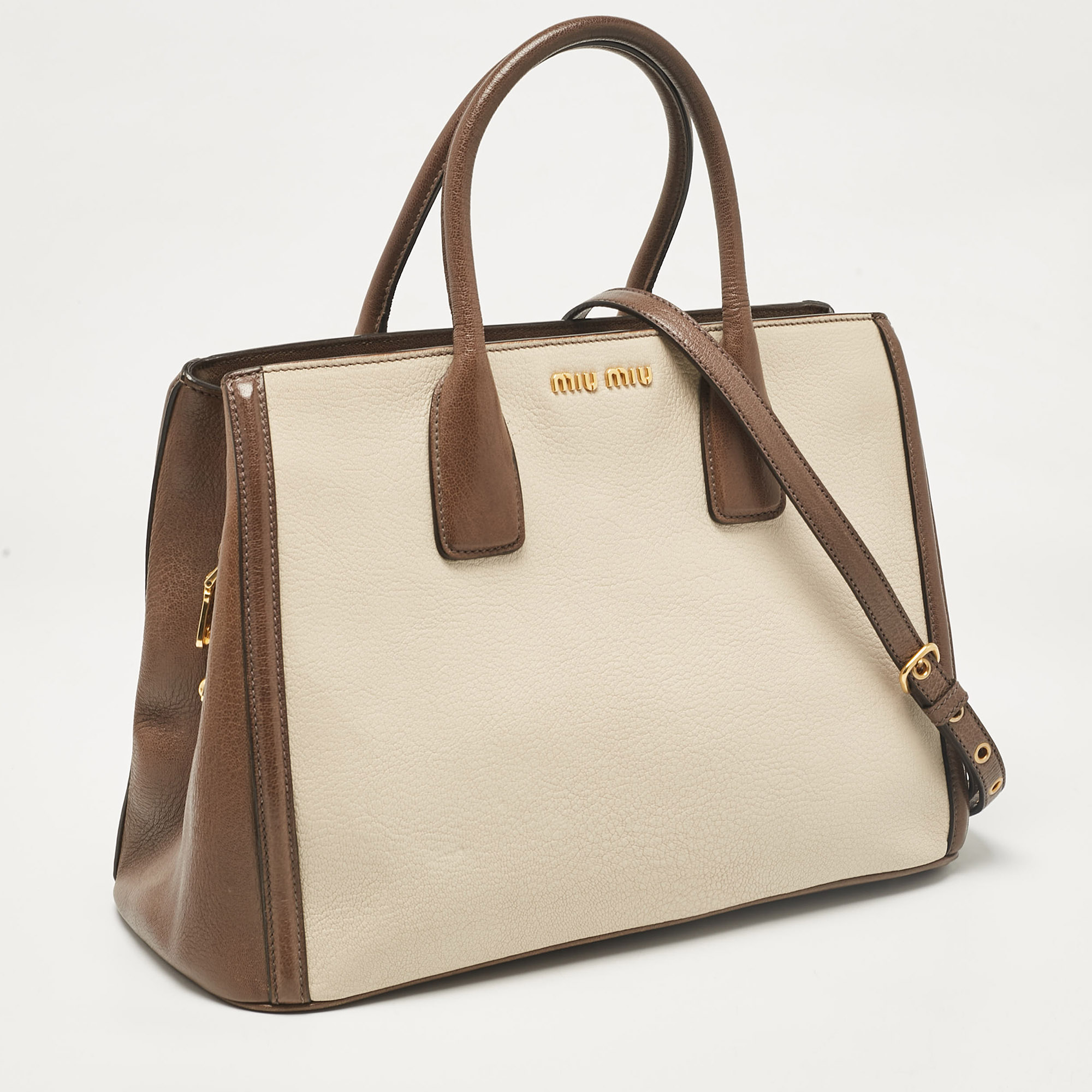 Miu Miu Brown/Beige Madras Leather Bicolor Tote