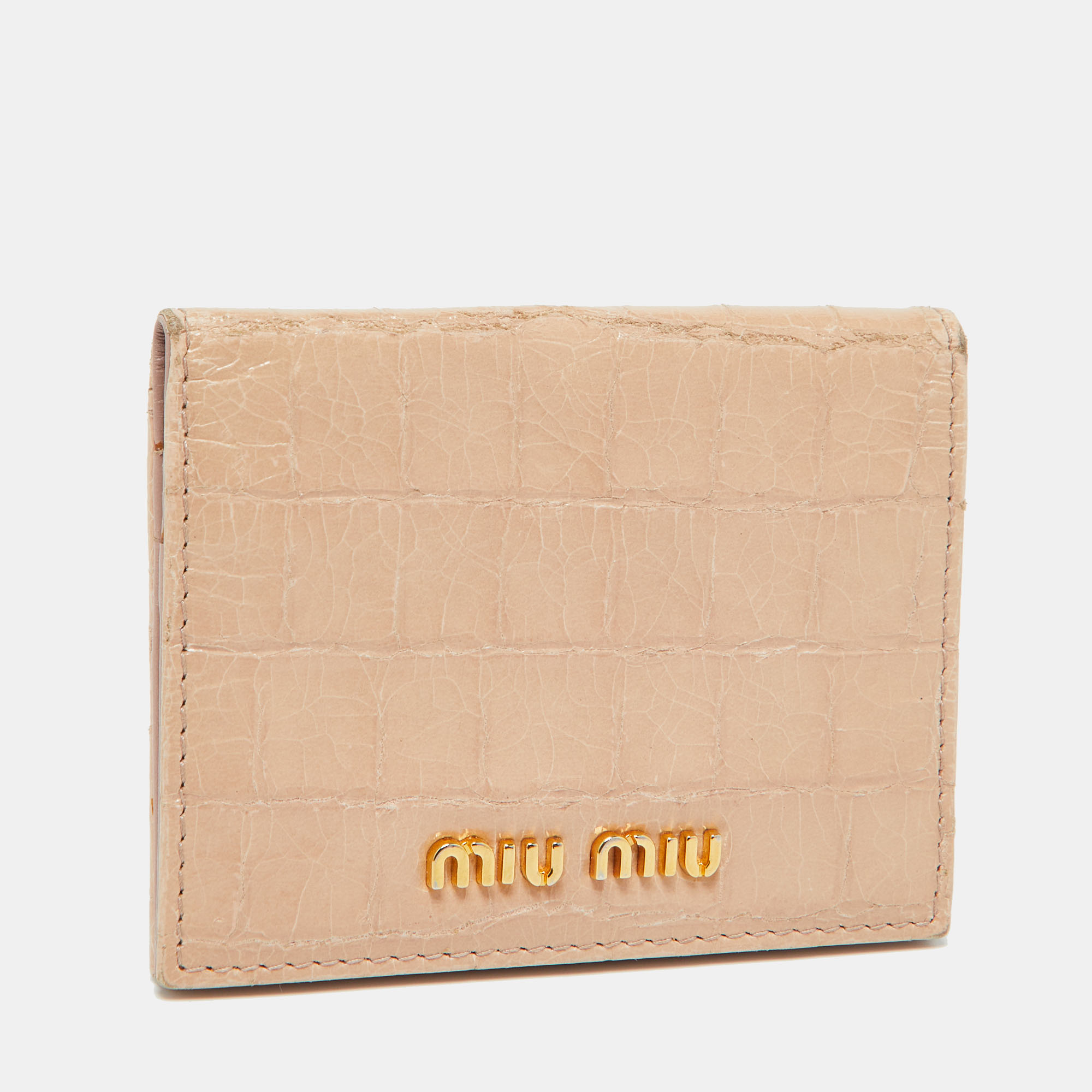 Miu Miu Beige Croc Embossed Leather Card Case