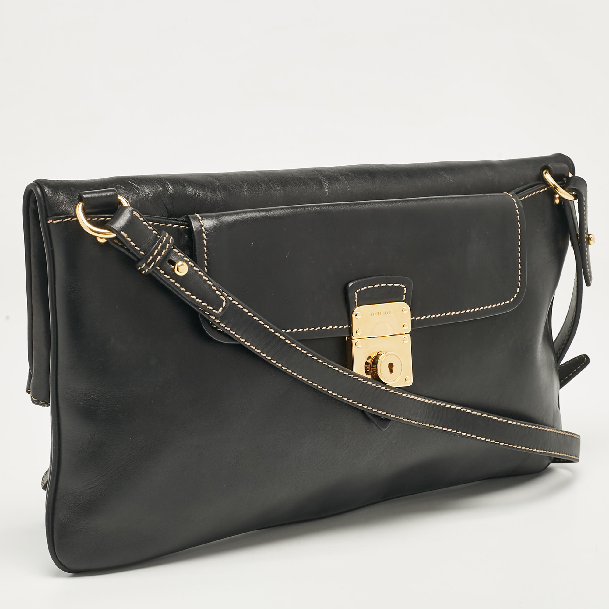 Miu Miu Black Leather Fold Over Shoulder Bag