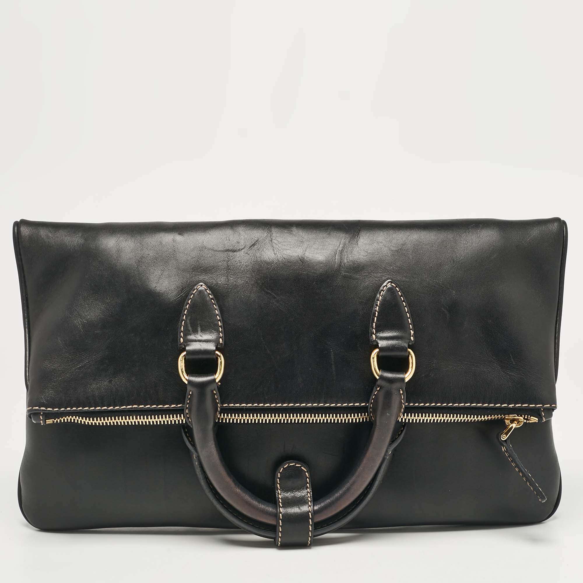 Miu Miu Black Leather Fold Over Shoulder Bag