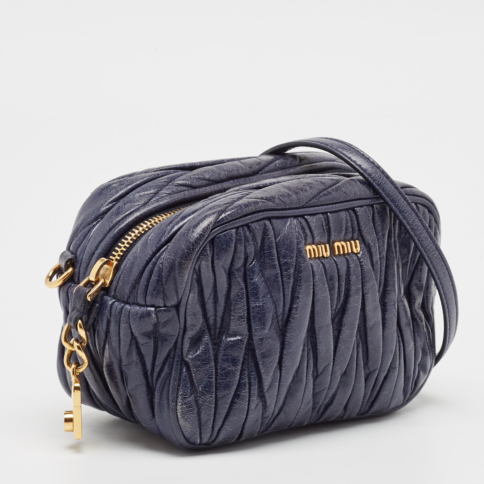 Miu Miu Navy Blue Matelassé Leather Camera Crossbody Bag