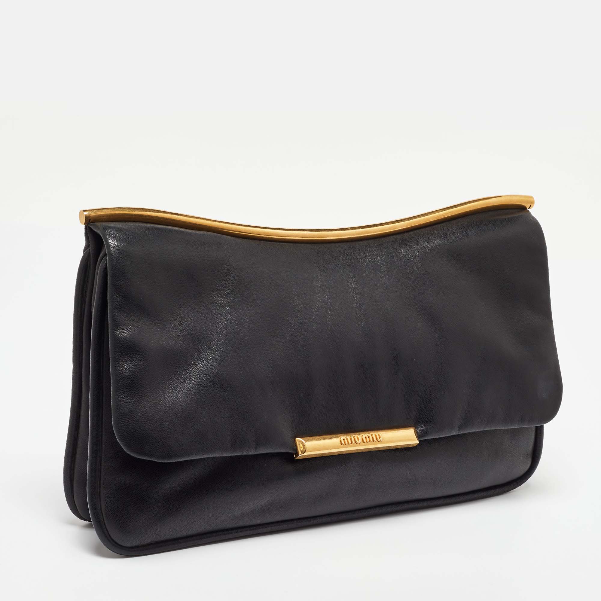 Miu Miu Black Leather Flap Frame Clutch