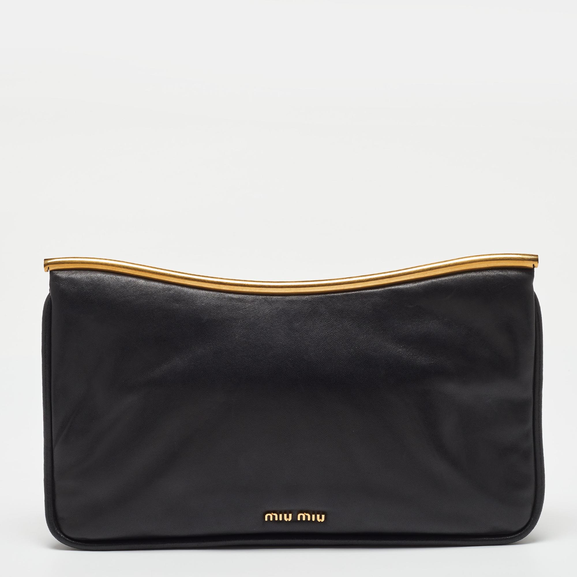 Miu Miu Black Leather Flap Frame Clutch