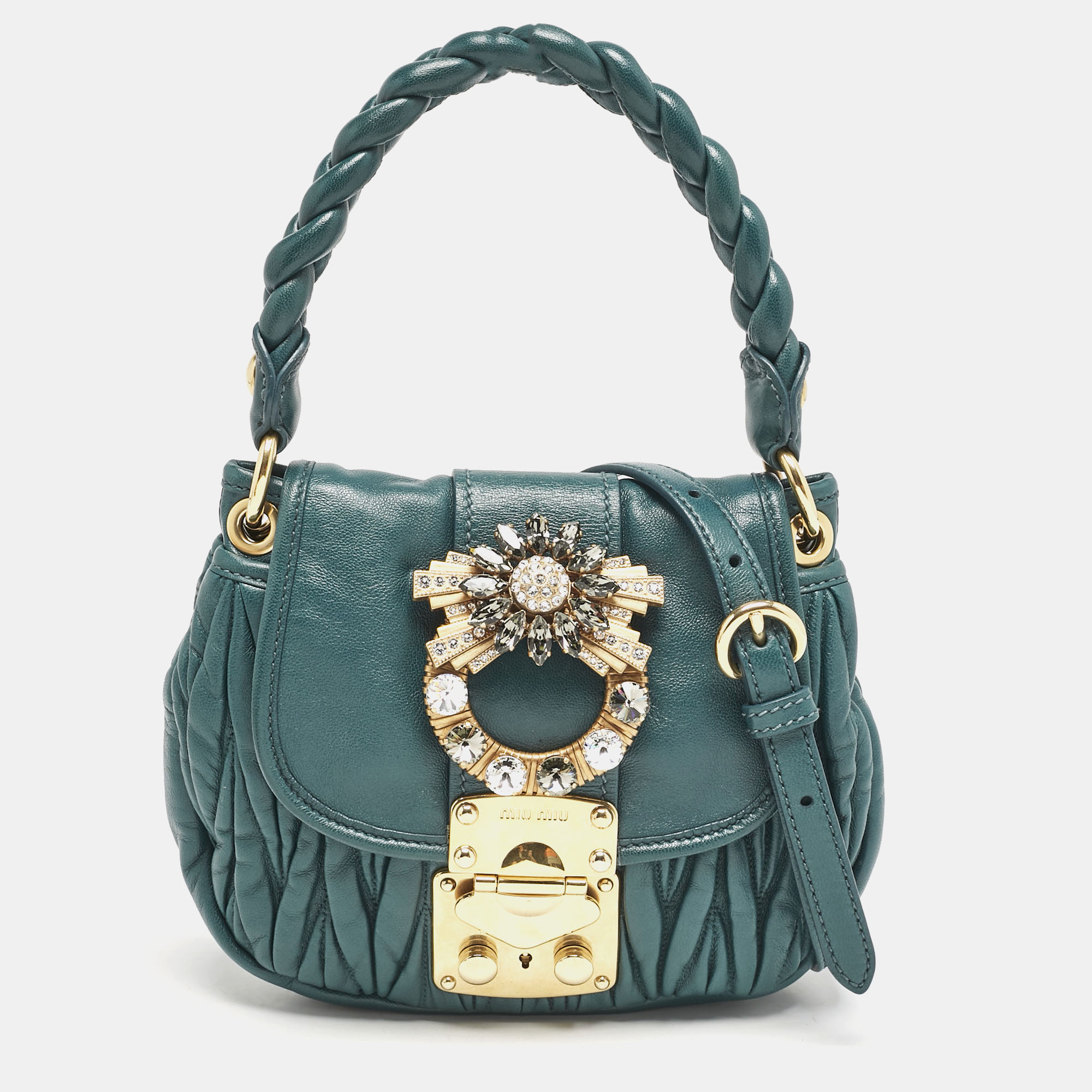 Miu Miu Green Matelassé Leather Mini Crystals Embellished Coffer Hobo
Miu Miu Green Matelassé Leather Mini Crystals Embellished Coffer Hobo