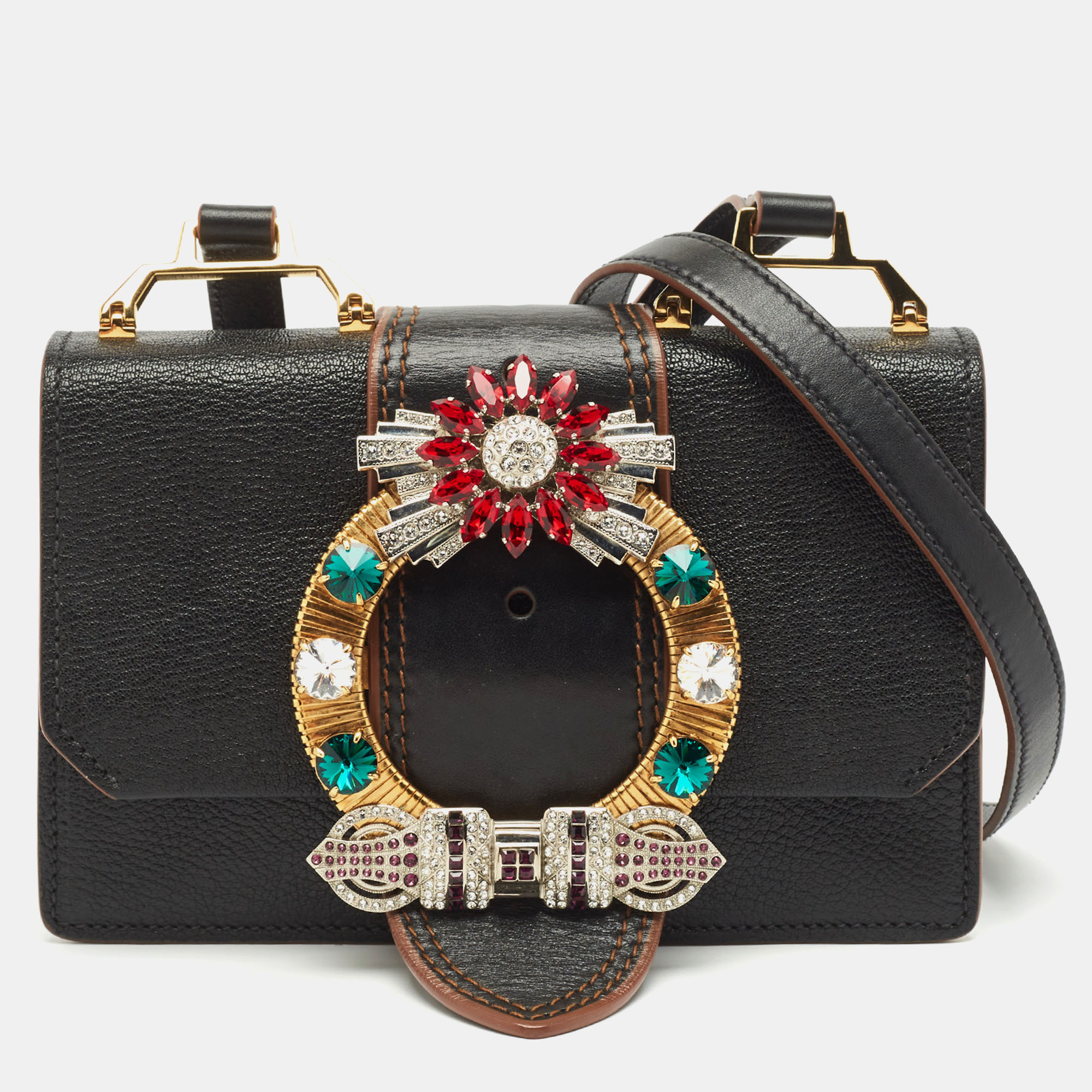 Miu Miu Black Madras Soft Leather Crystals Embellished Flap Shoulder Bag
Miu Miu Black Madras Soft Leather Crystals Embellished Flap Shoulder Bag