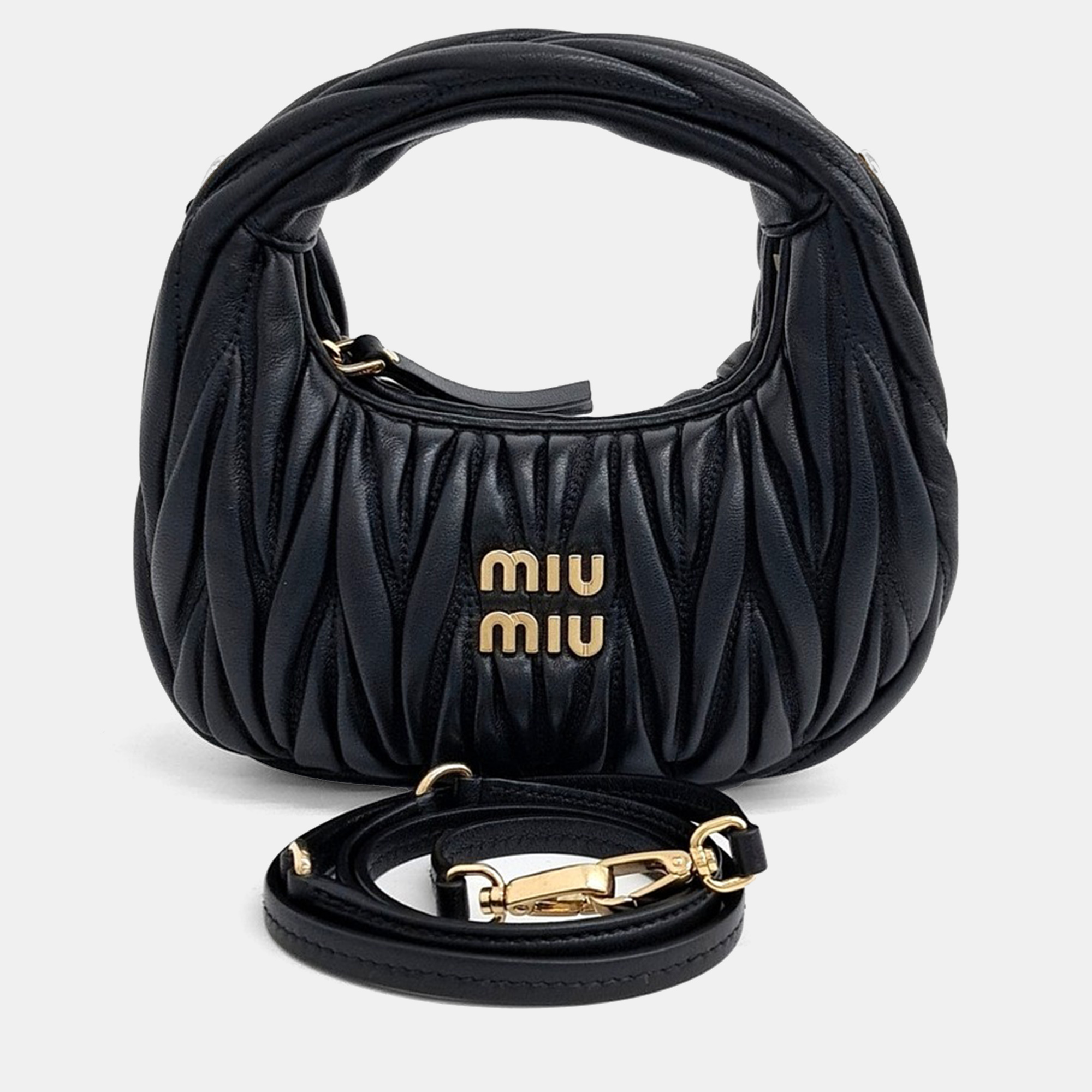 Miu Miu Black Leather Wander Matrasse Hobo Mini Bag