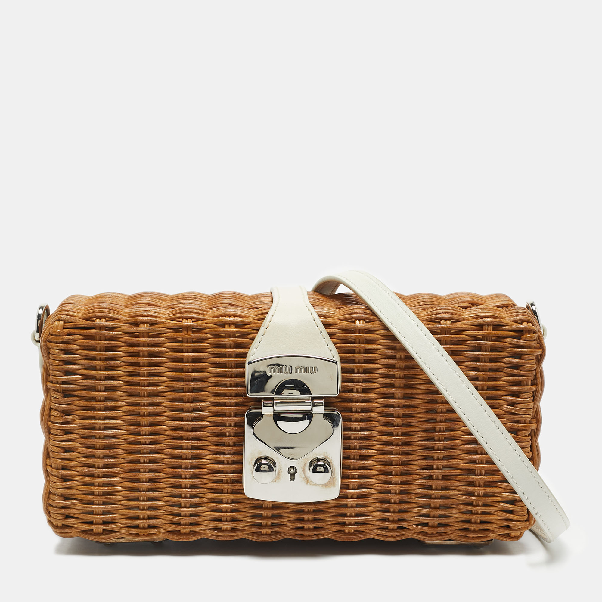 Miu Miu Brown/White Woven Rattan and Leather Clutch - Miu Miu - Modalova