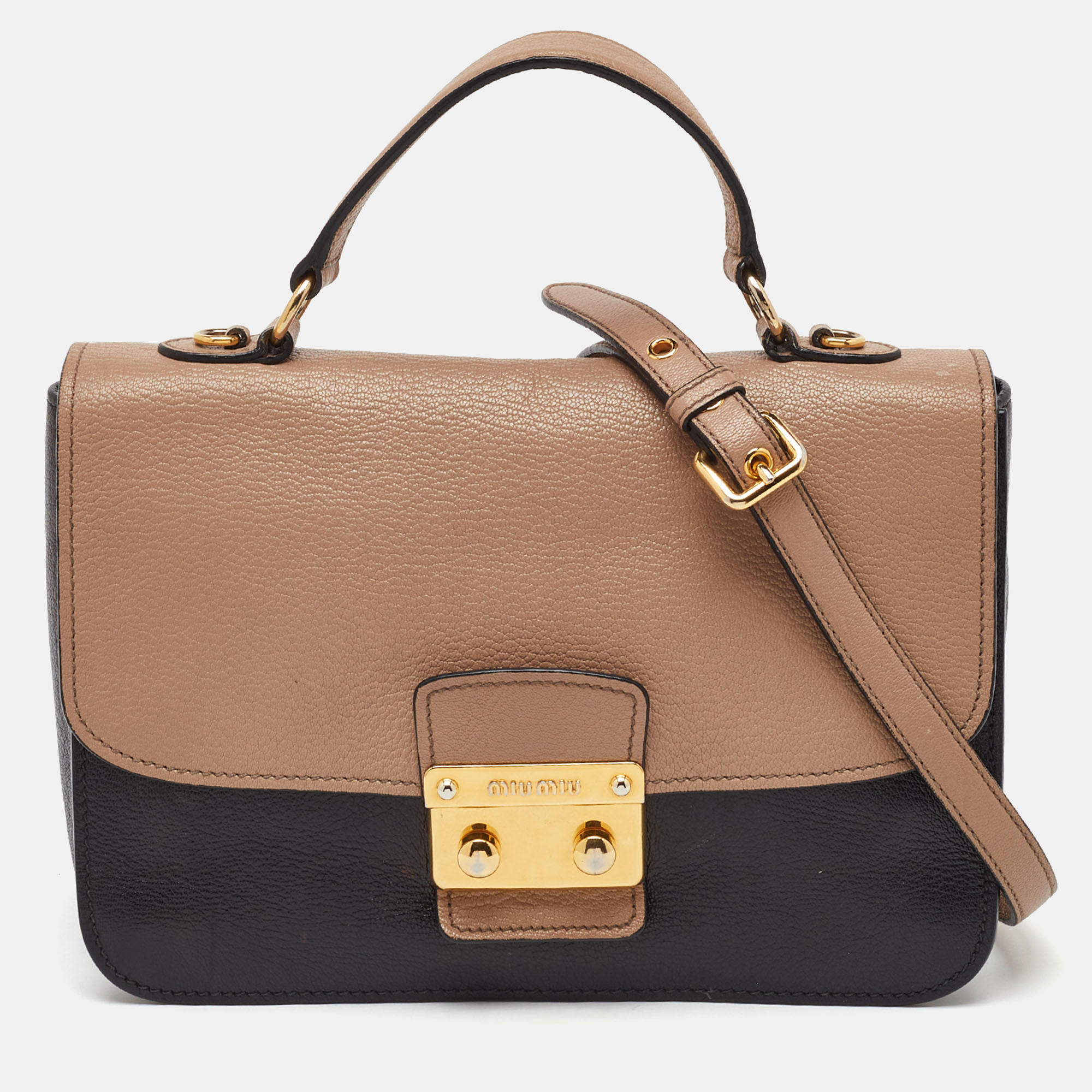 Miu Miu Black/Beige Leather Push Lock Flap Top Handle Bag 
Miu Miu Black/Beige Leather Push Lock Flap Top Handle Bag