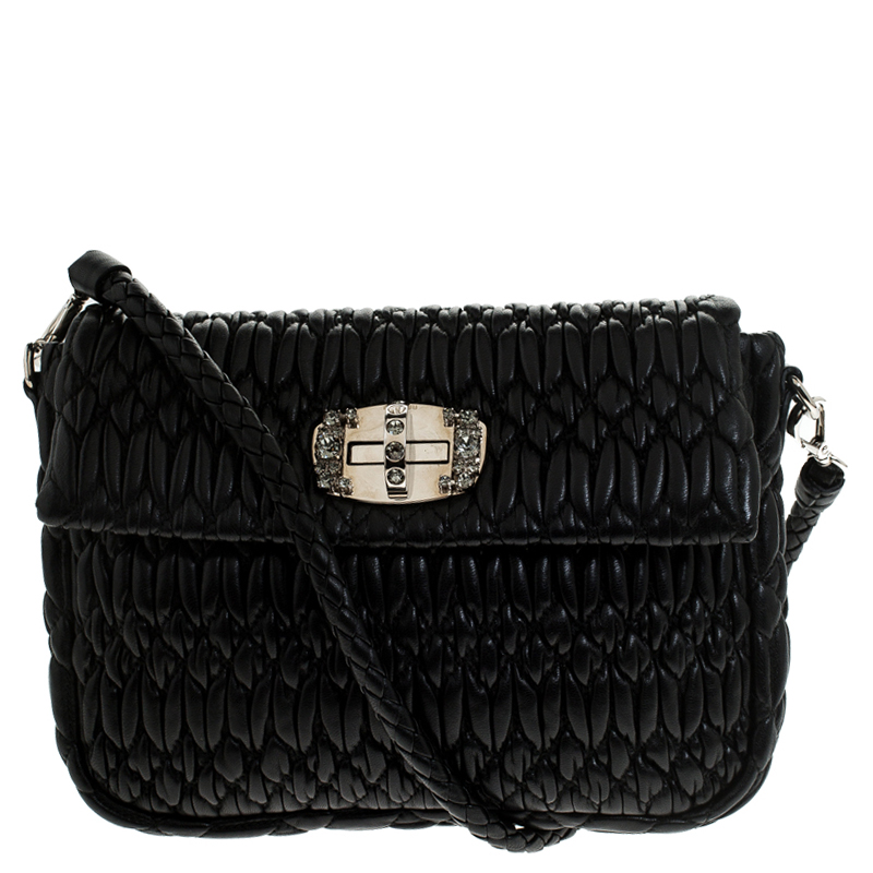 Image of Miu Miu Black Matelasse Leather Crystal Embellished Turnlock Shoulder Bag