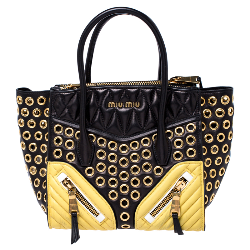 Miu miu black/yellow leather grommet biker convertible tote