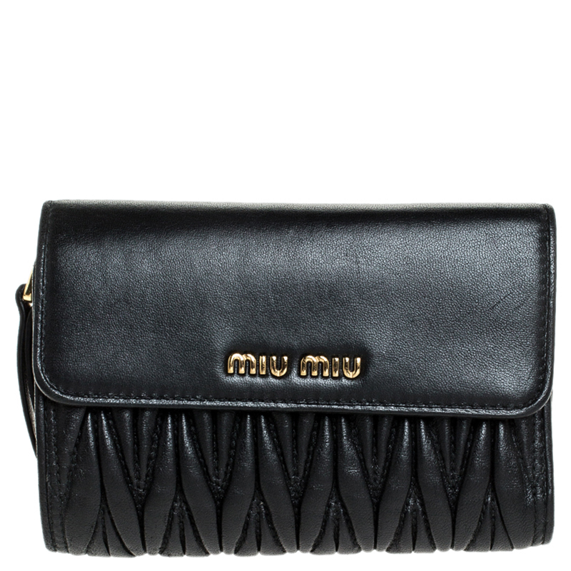 Image of Miu Miu Black Matelasse Flap Compact Wallet