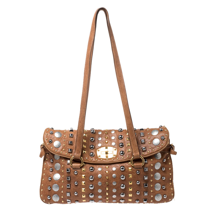 Image of Miu Miu Beige Leather Studded Shoulder Bag