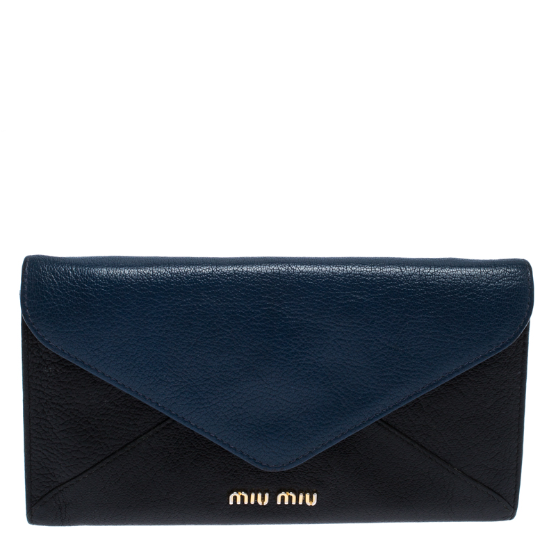 Image of Miu Miu Black/Blue Leather Envelope Flap Wallet