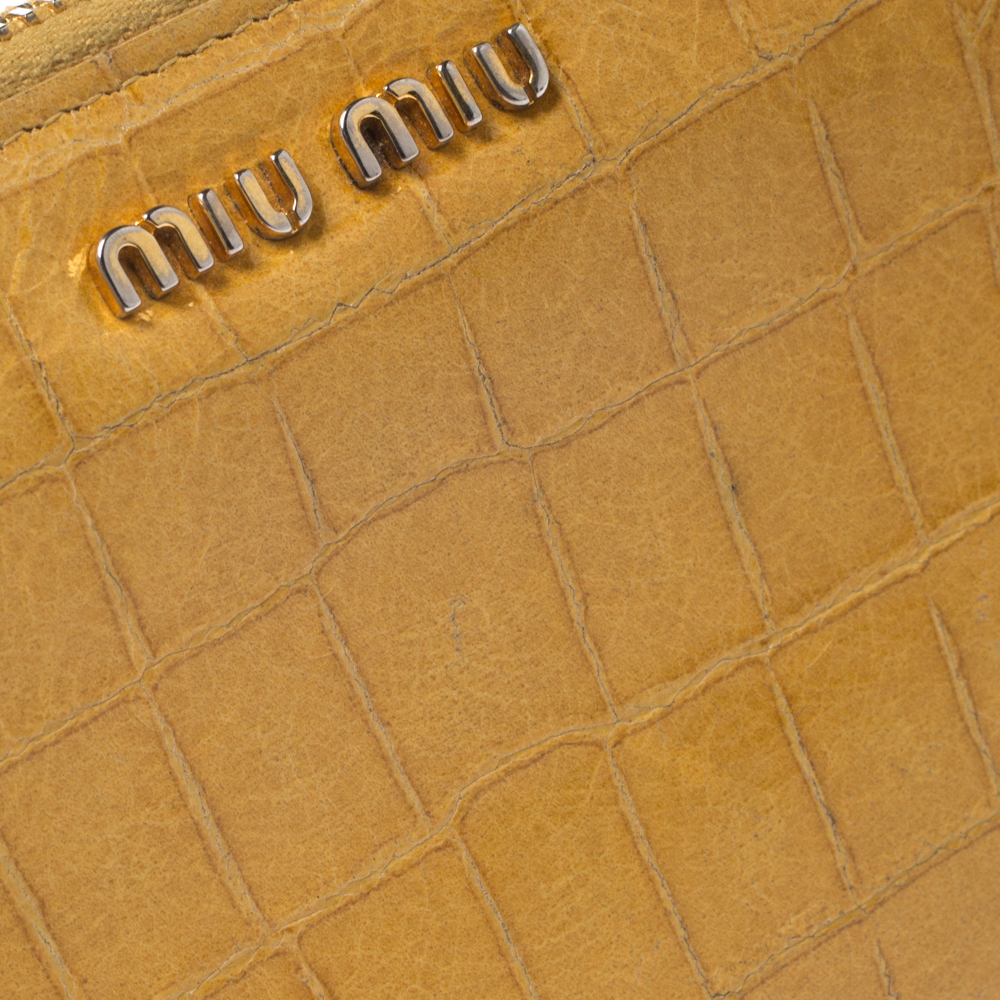 Miu Miu Yellow Croc Embossed Leather Zip Around Wallet