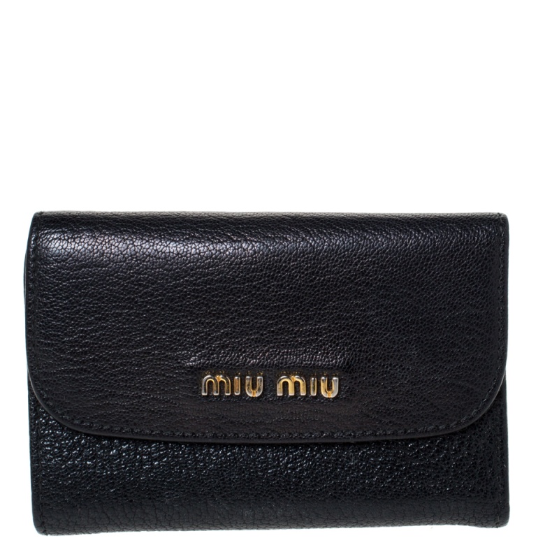 Image of Miu Miu Black Leather Madras Compact Wallet