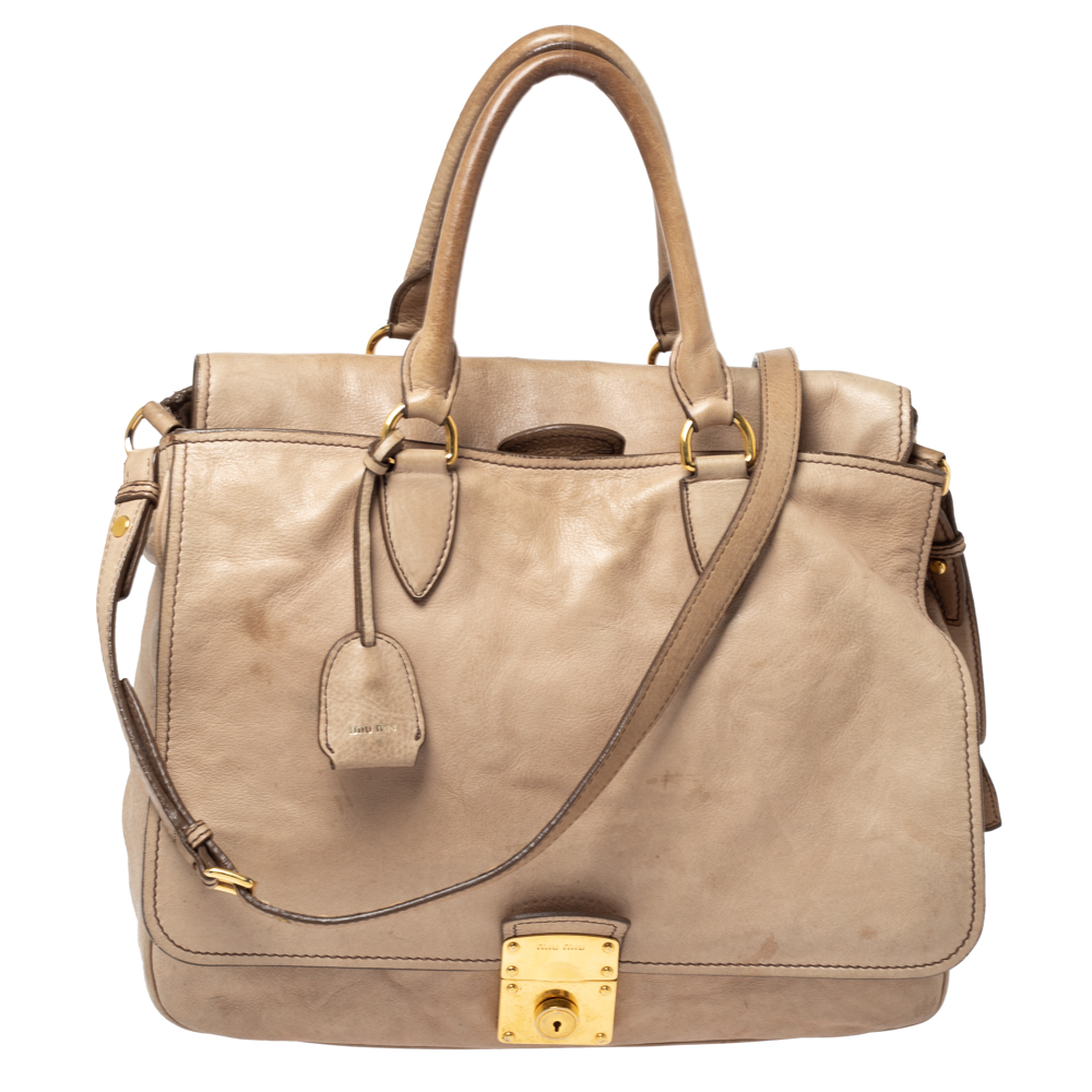Image of Miu Miu Beige Vitello Leather Flap Satchel