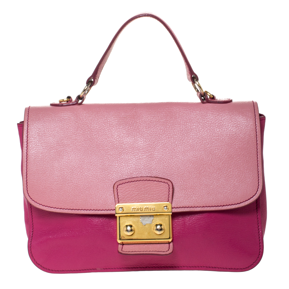 Image of Miu Miu Bicolor Madras Leather Push Lock Flap Top Handle Bag