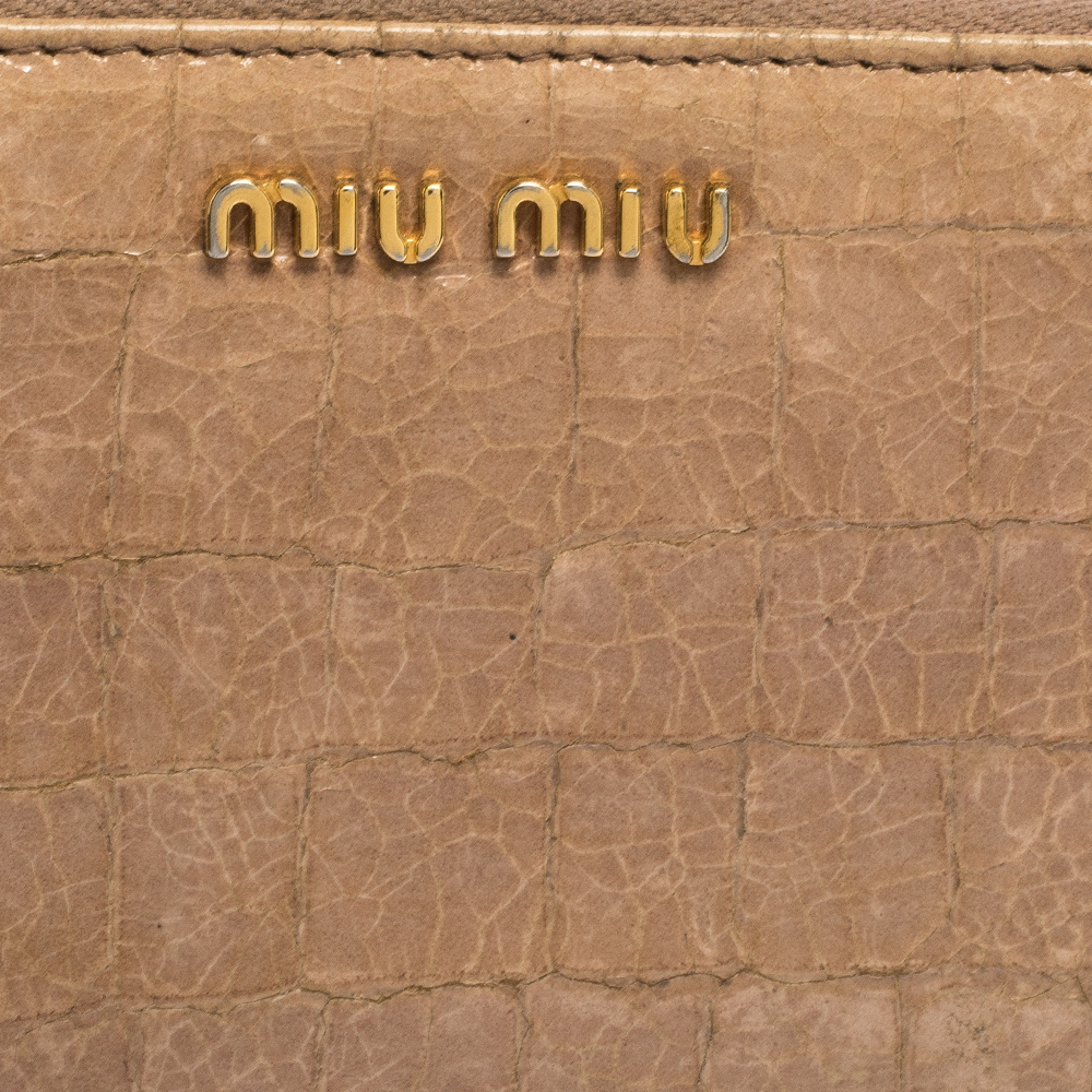Miu Miu Beige Croc Embossed Crackled Leather Zip Around Wallet