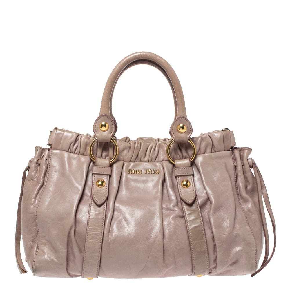 Image of Miu Miu Beige Glazed Leather Luxe Ruched Satchel