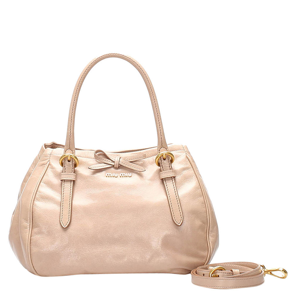 Image of Miu Miu Beige Leather Satchel Bag