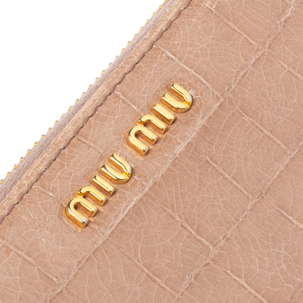 Miu Miu Beige Croc Embossed Patent Leather Zip Around Wallet