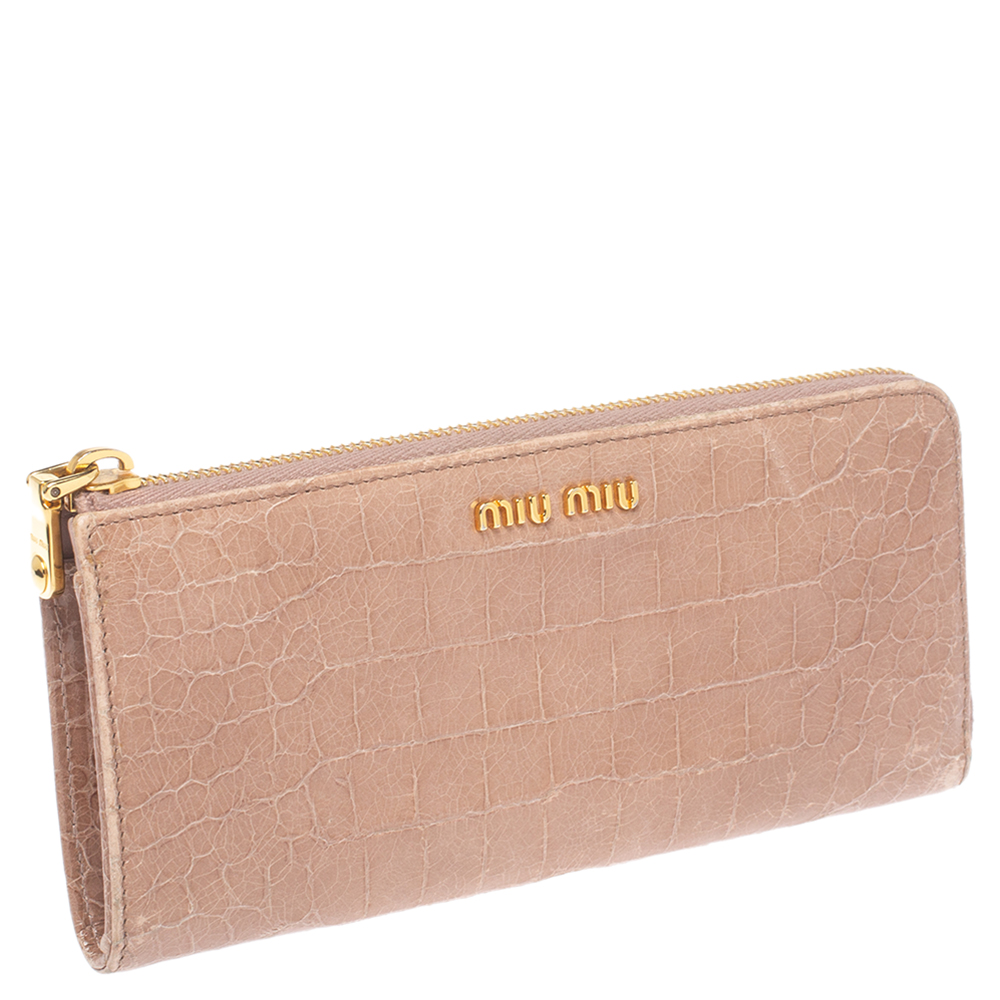 Miu Miu Beige Croc Embossed Patent Leather Zip Around Wallet