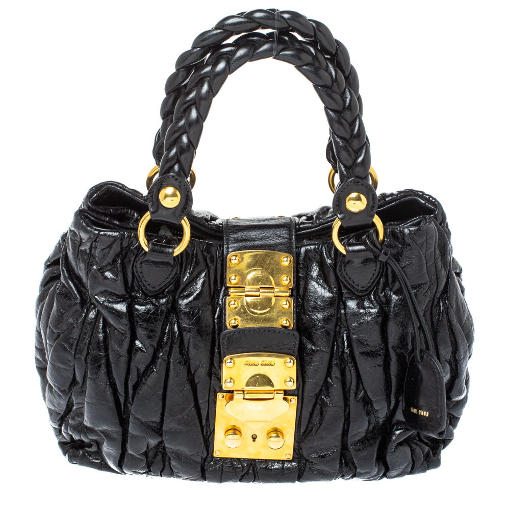 Image of Miu Miu Black Matelasse Leather Coffer Two Way Satchel