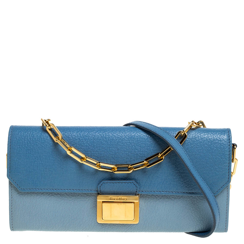 Image of Miu Miu Bi Color Madras Leather Flap Wallet on Chain