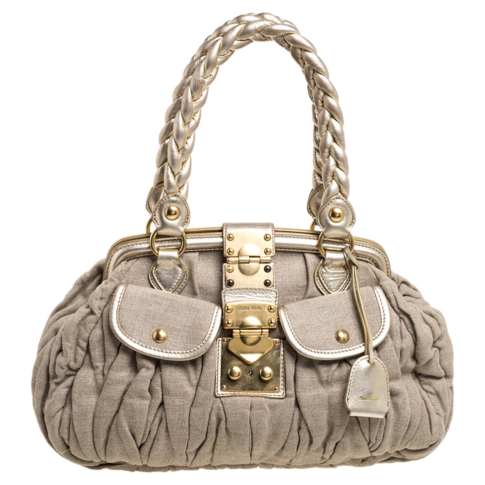 Image of Miu Miu Beige/Gold Matelasse Canvas and Leather Satchel