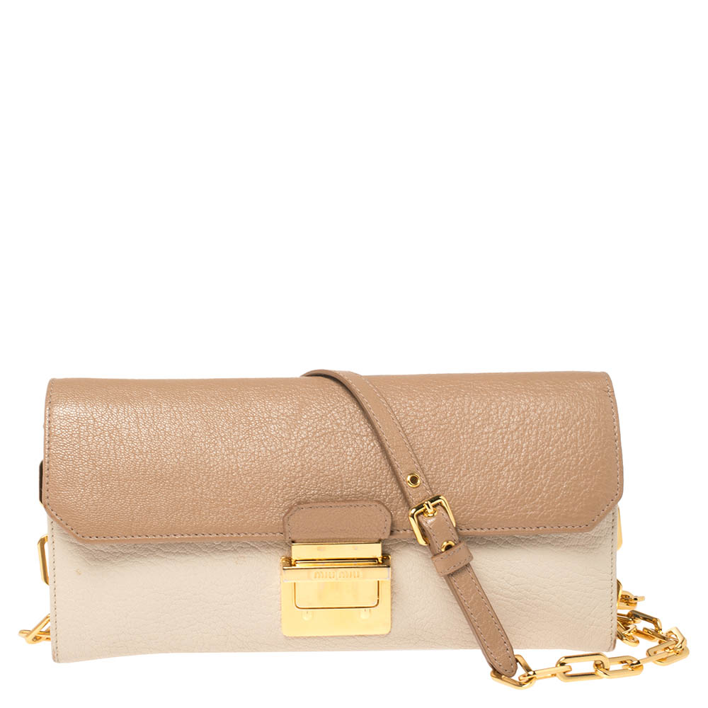 Image of Miu Miu Cream/Beige Leather Wallet On Chain