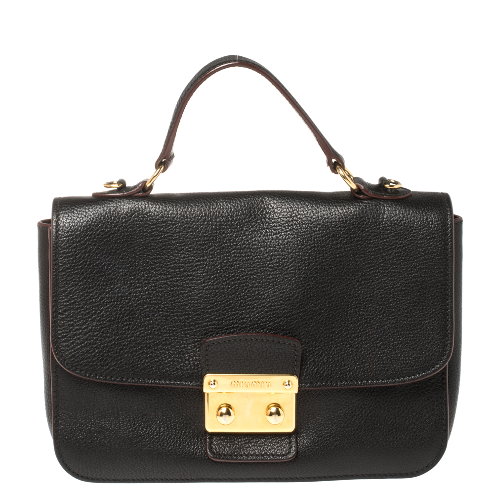 Image of Miu Miu Black Madras Leather Push Lock Flap Top Handle Bag