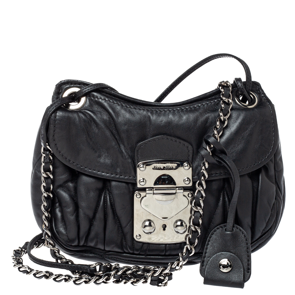 Image of Miu Miu Black Matelass&eacute; Leather Sacca Chain Shoulder Bag
