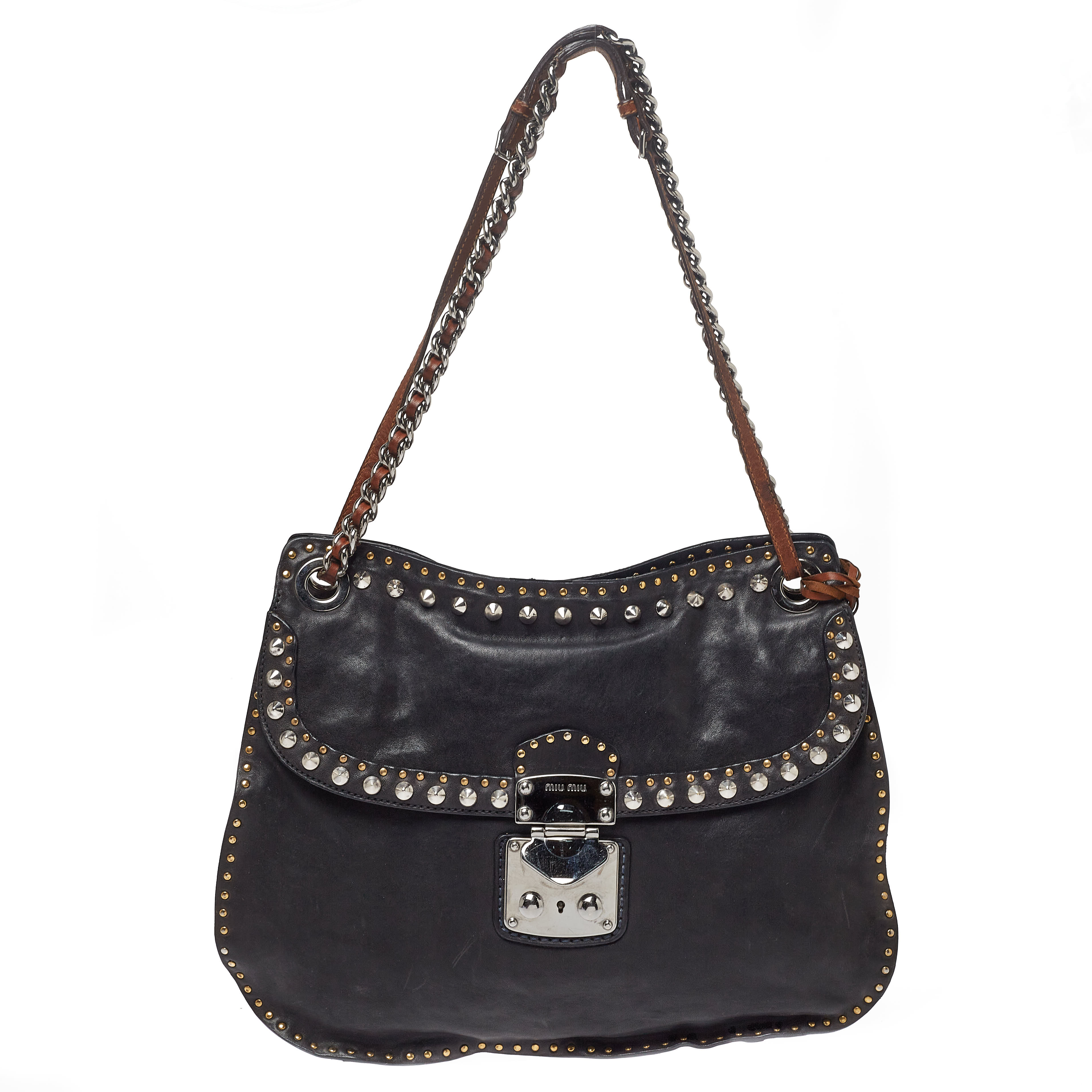 Image of Miu Miu Black Leather Studded Shoulder Bag