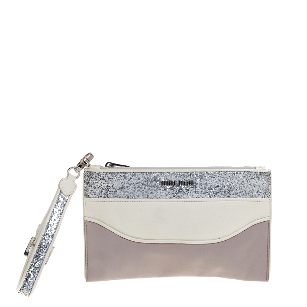 Miu Miu Lilac/White Glitter Leather Wristlet Pouch