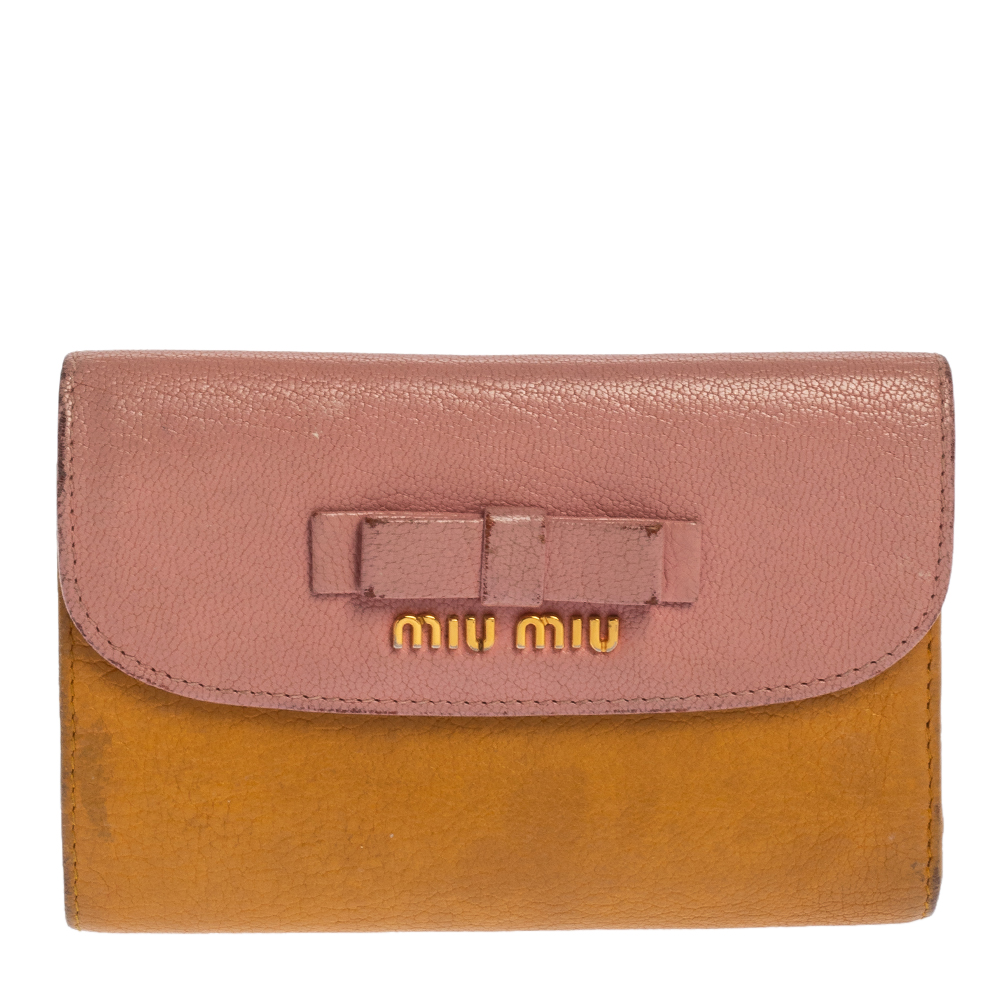 Miu Miu Yellow/Pink Leather Bow French Wallet
