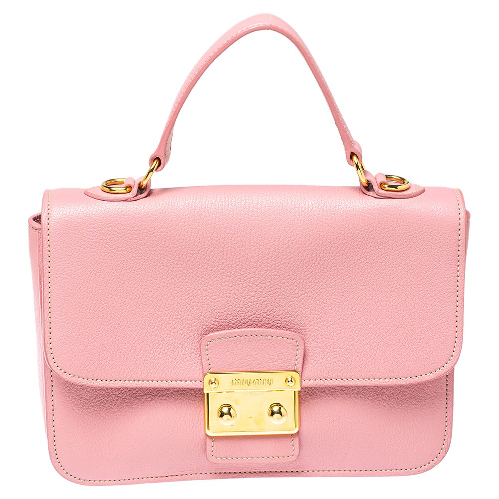 Miu Miu Pink Madras Leather Push Lock Flap Top Handle Bag