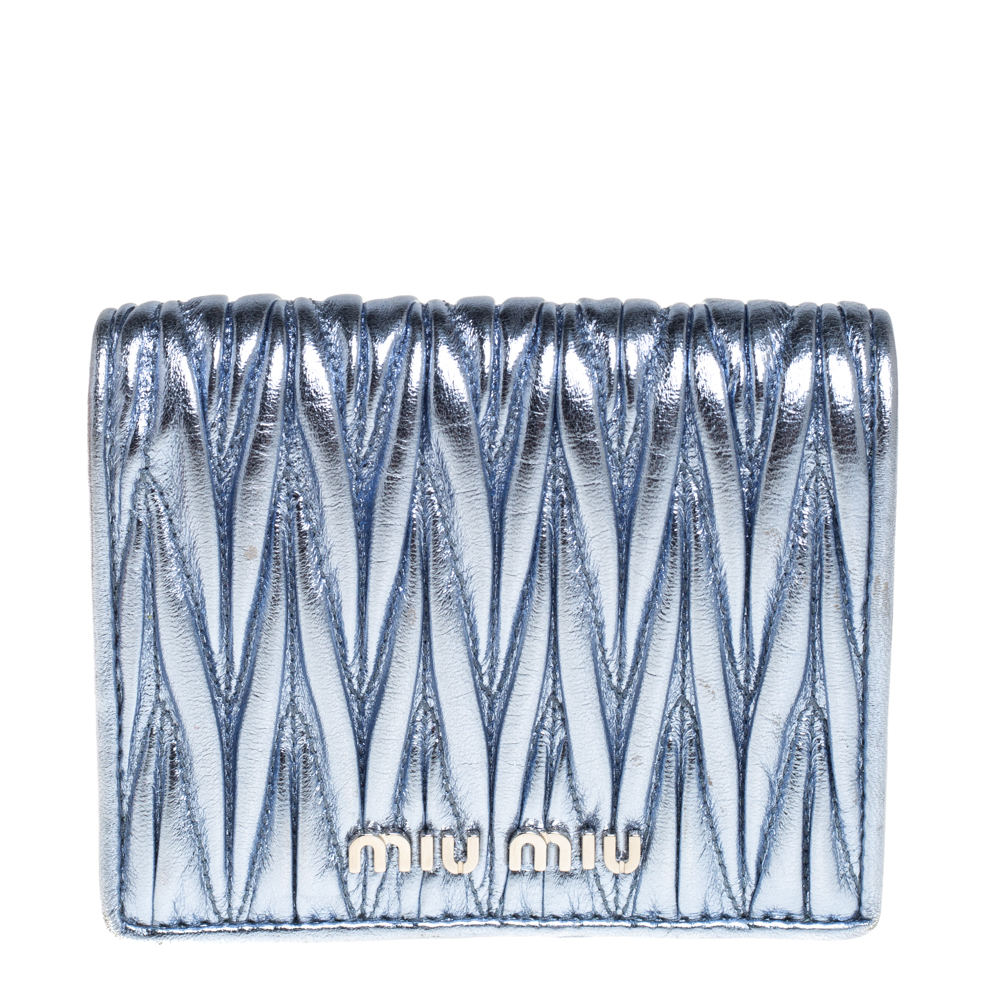 Miu Miu Metallic Blue Matelasse Leather Flap Compact Wallet
